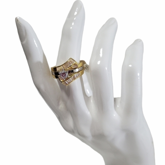 Silver Gold Wedding Band Ring set Cubic Zirconia Size 10 - Picture 6 of 9